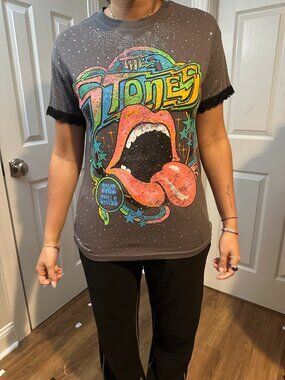 Rolling Stones Upcycled Band Tee with Rhinestones and Lace Sleeve